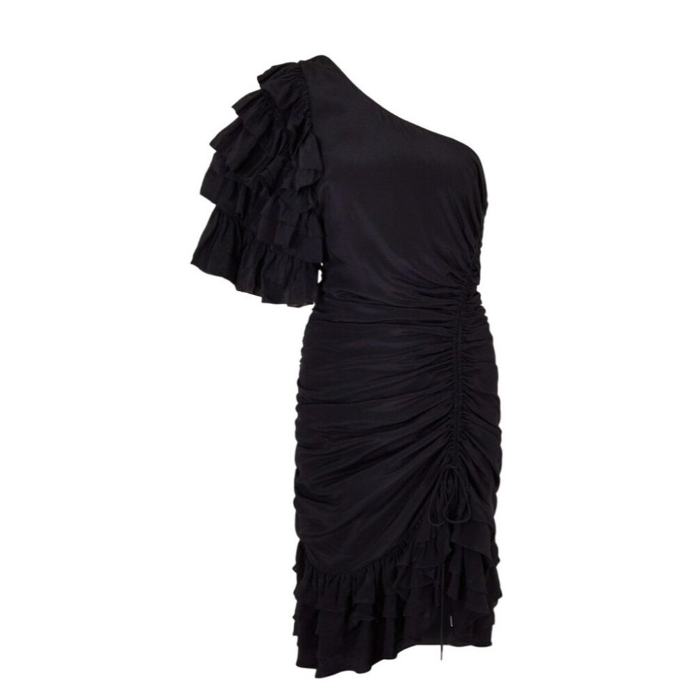 Magali Pascal Desa Black One-Shoulder Ruched Ruffle Adjustable Mini Dress Small - Picture 2 of 8